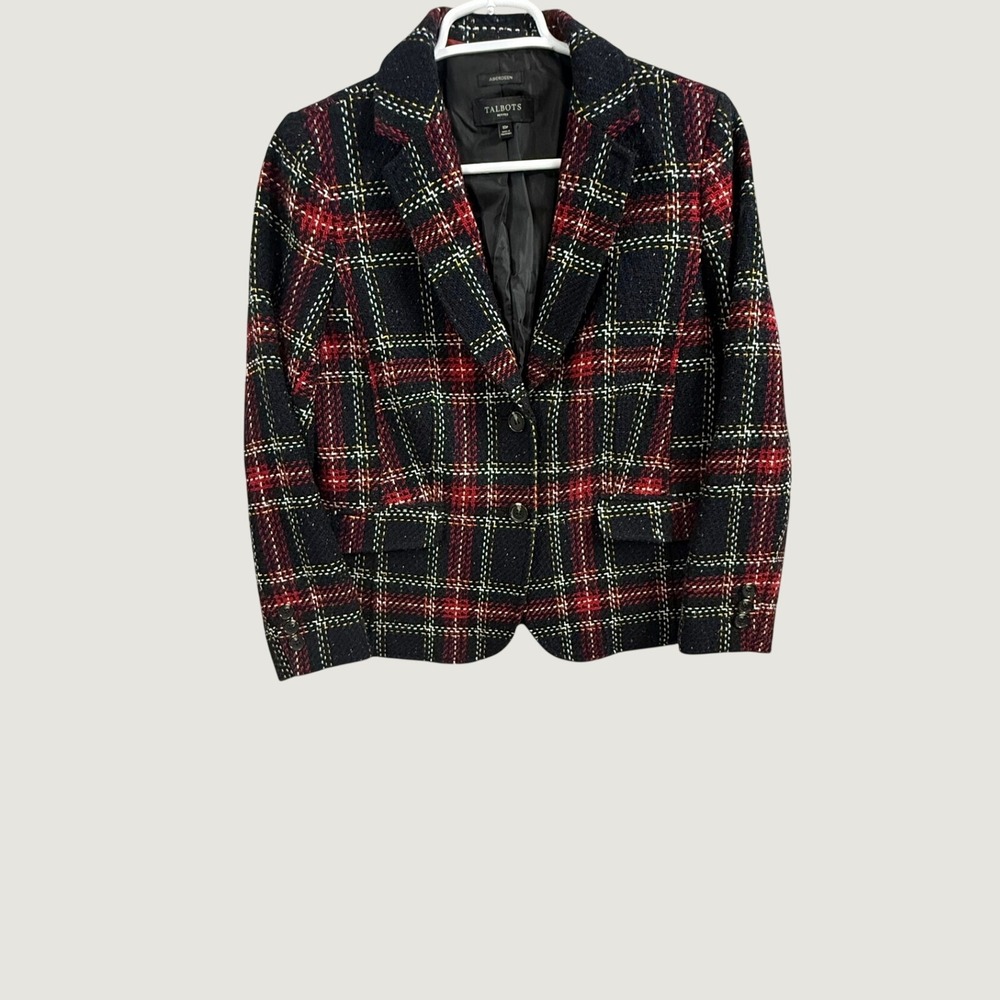 Talbots Aberdeen Blazer Womens 10P Red Black Plaid Tweed Wool Blend Jacket
